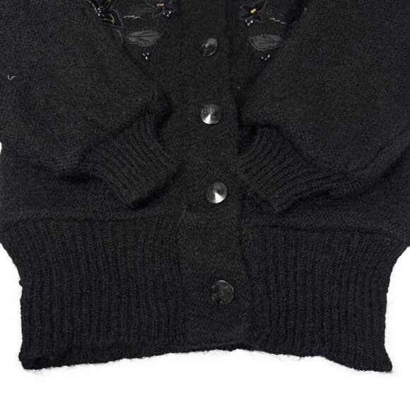 Vintage 90s Mohair Wool Cardigan Sz. S Black Beaded Appliqué  Fuzzy Whimsigoth - Picture 11 of 12